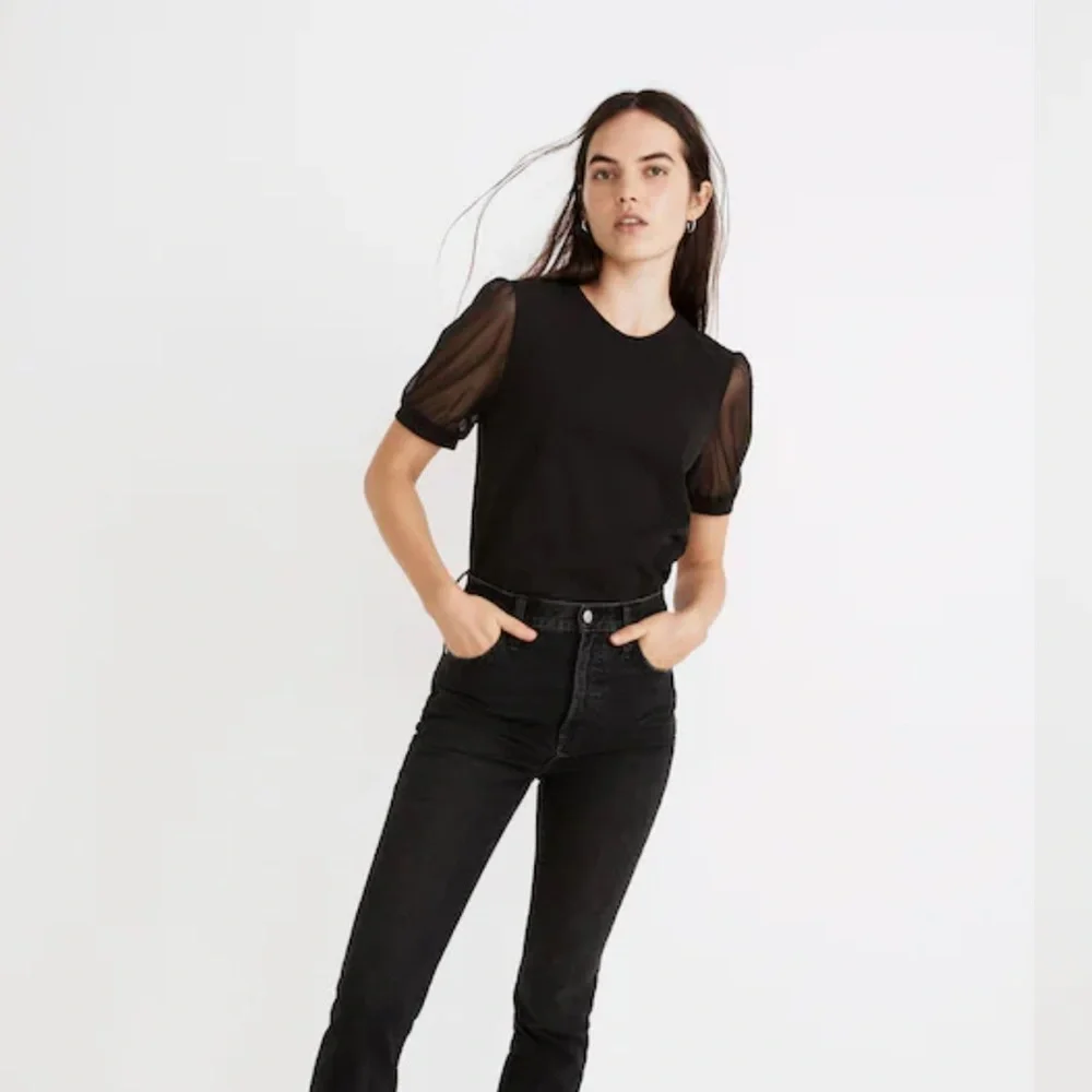 Madewell Women’s Black Sheer-Sleeve Knit Top Size Large - Picture 1 of 9